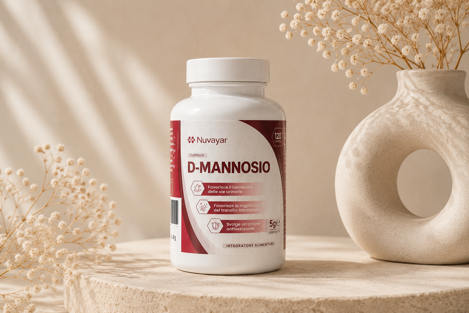 Flacone Nuvayar D-Mannosio con mirtillo rosso e foglie botaniche